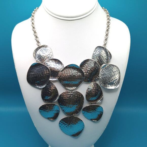 Chico's Hammered Metal Bib Necklace, Silver Tone, 19 1/2 Inches, Reflective - Picture 2 of 7